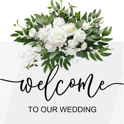 1 Artificial Flower Swag, Wedding Sign Flowers White Rose Flower Arrangements for Wedding Ceremony Reception Entrance Welcome Board Sign Floral Decor