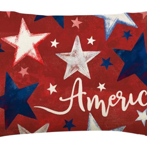 1 4th of July Patriotic Memorial Day Throw Pillow Covers 12x20 Red White and Blue Star Independence Day Cushion Case,America Outdoor Lumbar Decoration for Home Couch(2red-12) (red)