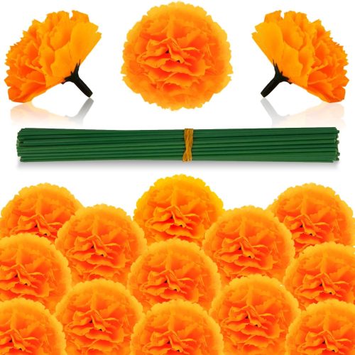 1 50PCS Marigold Flowers Artificial Marigold Flowers Heads Bulk Mexican Decoration Silk Orange Marigold Garland with Stems for Day of The Dead Halloween Diwali Party Decorations Home Decor