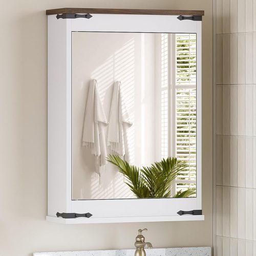 Bathroom Medicine Cabinet with Mirror, Bathroom Mirror with Storage, Wall Storage Cabinet, with Single Mirror Door and 2 Shelves, for Laundry Room, Kitchen, Living Room, White