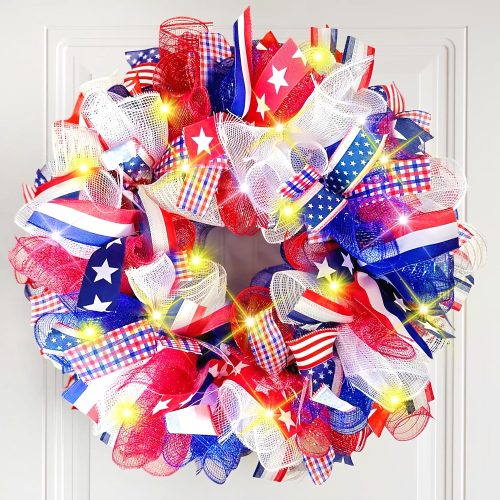 1 17.72 Inch Patriotic Wreath for Front Door with Light Mesh Red White and Blue Wreaths Memorial Day American Flag Star Front Door Decorations for Independence Veterans Day Home Indoor Outdoor