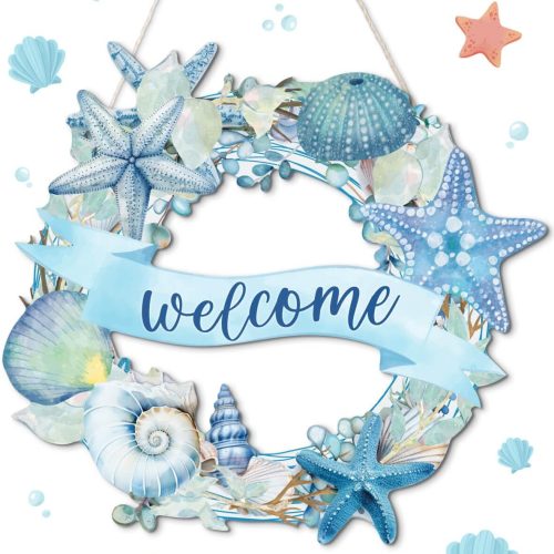 1 Decor Beach Wreaths - Ocean Welcome Sign, Wood Material, Summer Beach Decor for Front Door, Sea Turtle Design