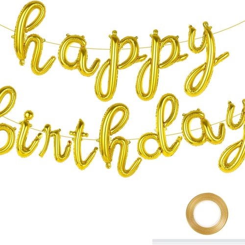 1 Gold Happy Birthday Balloons, Script Foil Mylar Birthday Letter Balloon, Cursive Happy Birthday Banner for Kids and Adults Birthday Party Decorations (Gold)