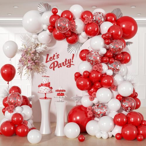 1 114pcs Red and White Balloons, Red and White Balloon Arch Kit for Wedding Engagement Christmas Valentine's Day Birthday Party Decorations