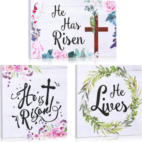 3 Pieces Easter Christian Table Decorations Signs He Is Risen Decor Wooden Inspirational Tiered Tray Block Signs Easter Spring Table Centerpieces He Lives Tabletop Decor for Holidays