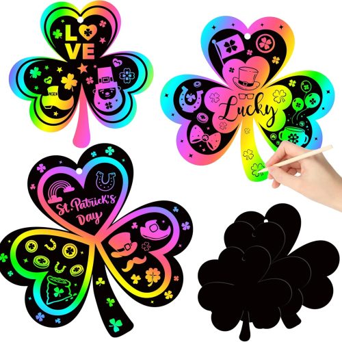 60PCS St. Patrick’s Day Shamrock Rainbow Color Scratch Bookmark for Kid DIY Shamrock Rainbow Color Scratch Craft Kit Shamrock Magic Scratch Paper Art Decoration St. Patrick Party Favor