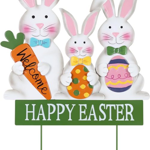 3 Metal Bunny Decorative Garden Stakes for Easter Decor, Grey, Outdoor Decoration, Cottage Style, Water Resistant, Happy Easter Yard Sign