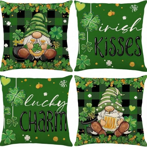 Green Buffalo Plaid St Patrick's Day Pillow Covers 18 x 18 Inch Set of 4, Lucky Shamrock Gnomes Kiss Me I'm Irish Cushion Case for Sofa Couch