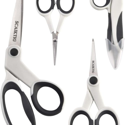 Premium Sewing Scissors Bundle, 8" Heavy Duty Fabric, 5" Embroidery, 4" Small Detail Scissors, 5" Thread Snips, Tailoring, Dressmaking, Quilting, Arts&Craft Supplies, White