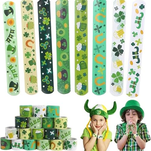 CCINEE 48pcs St. Patrick's Day Slap Bracelets, Lucky Shamrock Kids Snap Wristbands Toys for Irish St. Patty Party Supply