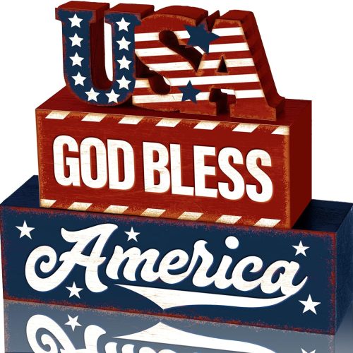 3 Pcs Farmhouse 4th of July Patriotic Table Sign Independence Day Table Wood Decorations Patriotic Themed Rustic Farmhouse Wood Block Sign for Party Home Desk