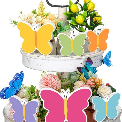 6 Pieces Spring Butterfly Wooden Signs 3D Colorful Butterfly Wooden Blocks Spring Tiered Tray Decor Farmhouse Rustic Wooden Sign Table Decor for Spring Home Kitchen Shelf Decorations