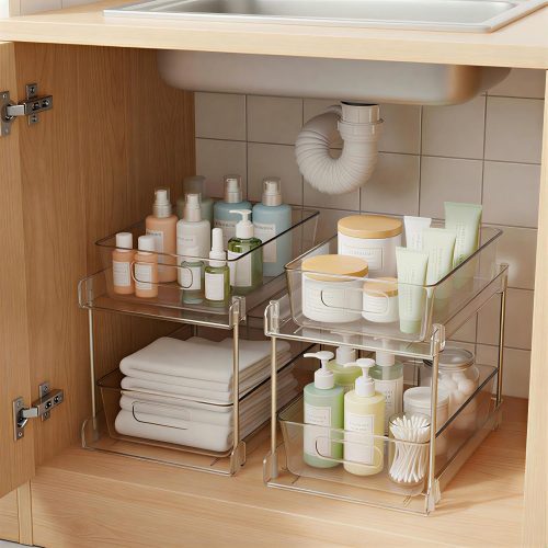 1 2 Pack Under Sink Organizer, 2 Tier Clear Bathroom Organizers and Storage, Pull-Out Medicine Cabinet Organizer, Multi-Purpose Cabinet Organizer with Track for Bathroom, Kitchen, Pantry, Vanity Storage