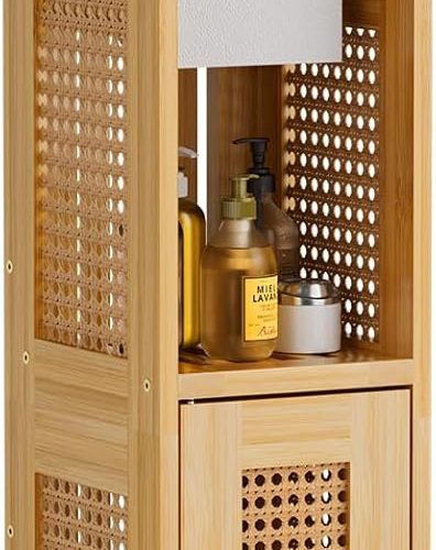 1 Toilet Paper Holder Cabinet, Bamboo Toilet Paper Holder Stand for Bathroom, Small Toilet Paper Storage Cabinet with Rattan Door, 30.3x7.8x7 inches