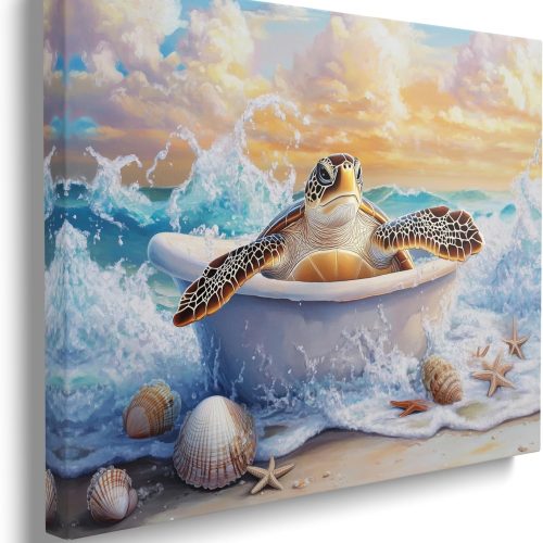 1 Sea Turtle in Bathtub Canvas Wall Art Framed Print Painting Ocean Sunset Coastal Whimsical Wall Decor Starfish Artwork Poster Funny Animal for Bathroom Beach House Nursery Coastal Decor 12x16 Inches