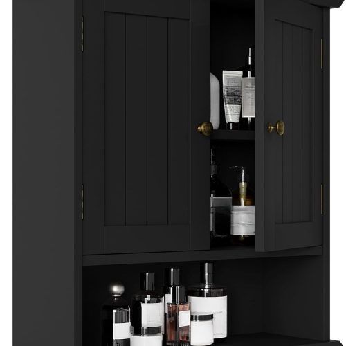 1 Black Wall Cabinet, Small, 2-Door Medicine Cabinet with Adjustable Shelves, Over Toilet, For Kitchen and Laundry Rooms