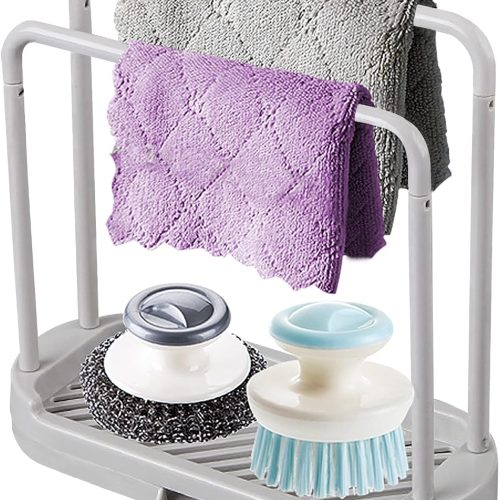 1 Kitchen Sponge Holder Dishcloth Hanger, Kitchen Sink Rack Tray Organizer Stand for Sponge, Dish Cloth, Rag, Brush, Scrubber Storage and Organization (Grey)
