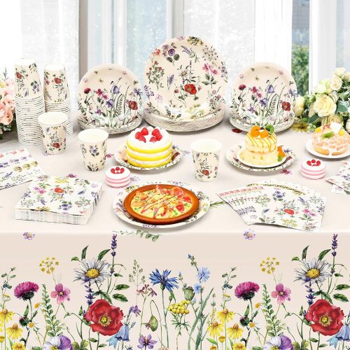 202 Pcs Wildflower Party Decoration Supplies Floral Paper Plates Napkins Cups Butterfly Wildflower Tablecloth for Autumn Summer Birthday Wedding Fall Party(Widflower 3,Retro)