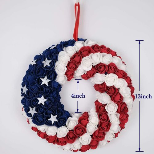 July 4th Patriotic Americana Wreath Boxwood Handcrafted Memorial Day Wreath Festival Garland Decoration Front Door Wall Home Decor (Blue)