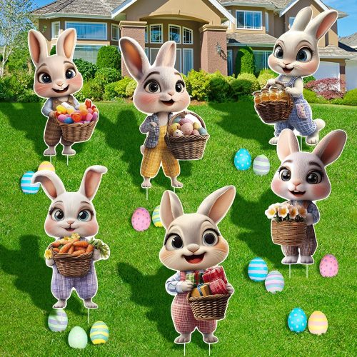 6 PCS Easter Bunny Decorations Outdoor - Large Easter Bunny Yard Signs - Easter Bunny Yard Decorations Outdoor with Stakes - Bunny Garden Sign Spring Home Decor Waterproof Lawn Signs