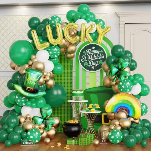 4 136Pcs St. Patrick's Day Balloon Arch Garland Kit, Green Gold White Balloons with "LUCKY" Letters Shamrock Hat Rainbow Foil Balloons for St. Patrick's Day Lucky One Birthday Irish Party Decorations