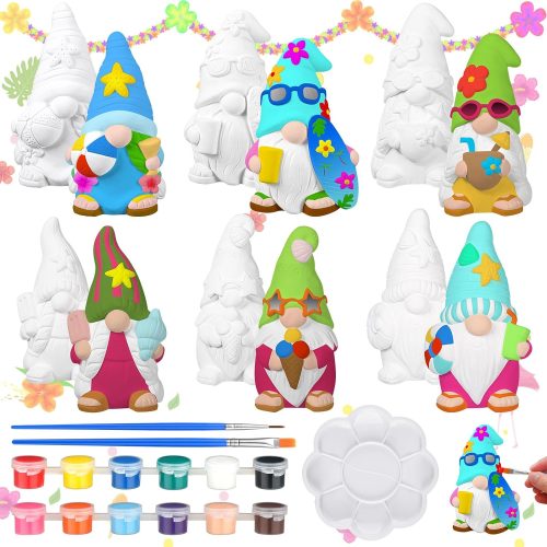 4 6 Sets Paint Your Own Ceramic Gnome Statues Ready to Paint Ceramics Paintable Gnome Figurines Unpainted Plaster Arts and Crafts with Brush Palette for Adults(Summer)