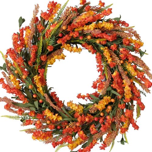 4 22 Inch Fall Flower Wreath for Front Door, Autumn Yellow Orange Forsythia Flower Indoor Outdoor Wreath with Berries Foam Leaves