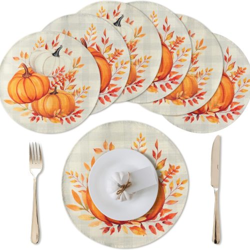 Autumn Pumpkin Fall Placemats - 6pcs Autumn Round Place Mats Set, Thanksgiving Harvest Circle Placemat, Buffalo Plaid Leaves Table Plate Mat for Kitchen Dinner Dining Party Decor (15 inch)