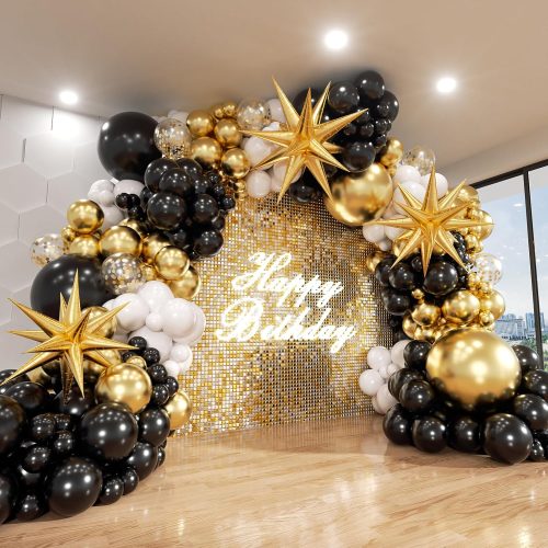 4 Black and Gold Balloon Garland Arch Kit, 185Pcs Explosion Star Black White Metallic Gold Confetti Latex Balloons for Birthday Anniversary Wedding Engagements Baby Shower Party Decorations