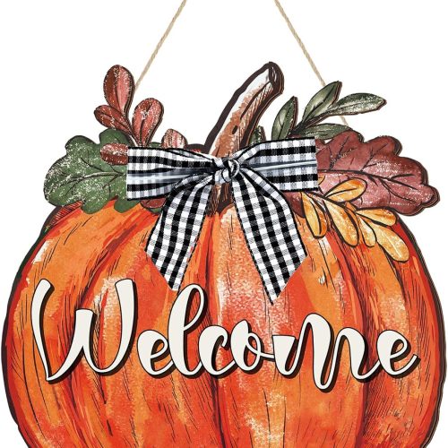 Thanksgiving Decor Pumpkin Welcome Sign Thanksgiving Door Hanger Wooden Pumpkin Hanging Porch Sign for Autumn Harvest Farmhouse Wall Decoration