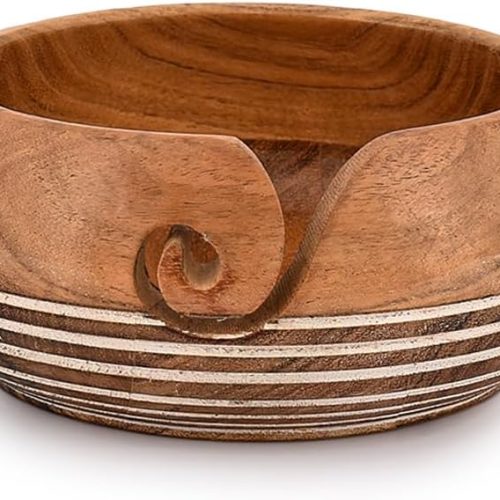 Yarn Storage Acacia Wood Hand Made by Indian Artisans Yarn Bowl for Crocheting & Knitting (6" x 6" x 3'')