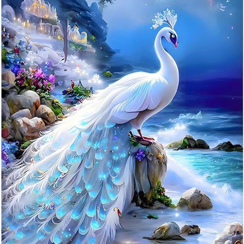 4 Peacock Diamond Painting Kits for Adults, White Peacock Diamond Painting, DIY 5D Diamond Painting Beach Peacock Diamond Art Kits Picture for Home Wall Decor 30x40cm