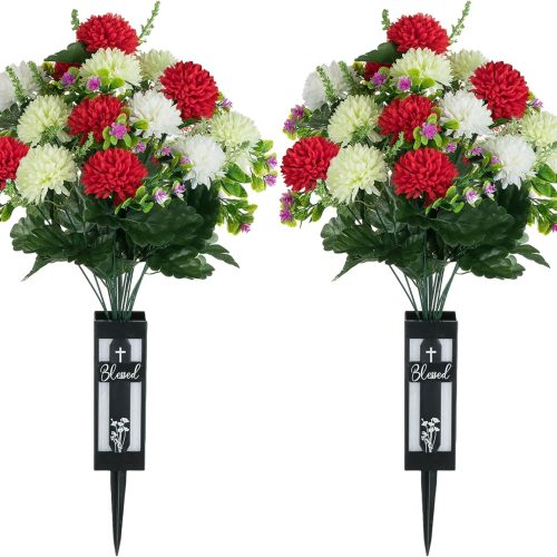 4 Artificial Cemetery Flowers for Grave: 2 Pcs 18 Heads Fake Mums Flowers with Vase for Cemetery Spring Decorations Outdoor Grave