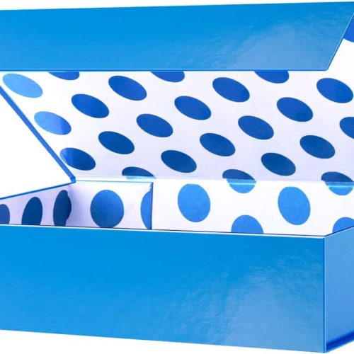 Gift Box 11x7.8x2.3 Inches, Blue Gift Box with Lid for Presents, Magnetic Shirt Gift Boxes for Clothes (Glossy Metallic Blue, Polka Dot Design Inside)