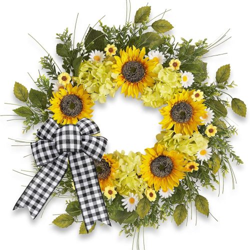 4 Sunflower Wreaths for Front Door, 22 Inch Spring and Summer Welcome Wreath with Bow for Farmhouse Porch Wall Window Home Decor for Indoor Outdoor Housewarming Gift