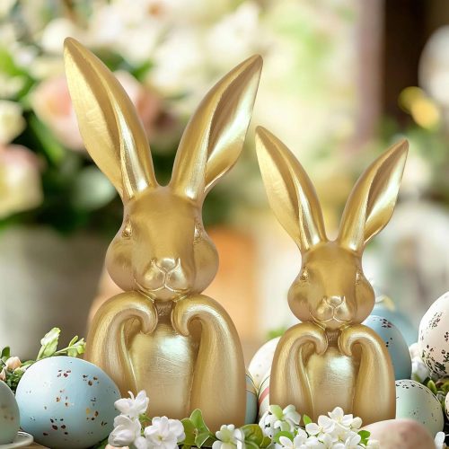 4 Easter Decorations for Home,Mini Resin Golden Bunnies Spring Sculpture Tabletop Ornament,Brass Rabbit Decor for Spring Home Decor, Vintage Resin Bunnies for Table Centerpieces Mantel Decorations