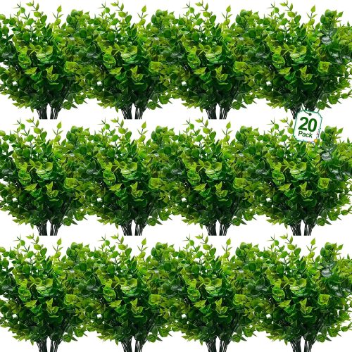 20 Bundles Artificial Greenery Plants Outdoor Spring Summer Decor, UV Resistant Fake Plants Boxwood Shrubs Grass,Faux Eucalyptus Flowers for Farmhouse Gardens Home Patio Indoor Outdoor(Green)
