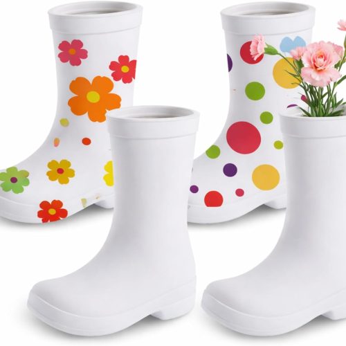 4 4 Pcs Mini Spring Boot Vase 5.91'' Tall DIY Boot Ceramic Planter White Finish Flower Vase Centerpieces with Palette Paintbrush Pigment for Indoor Outdoor Home Room Office Decor
