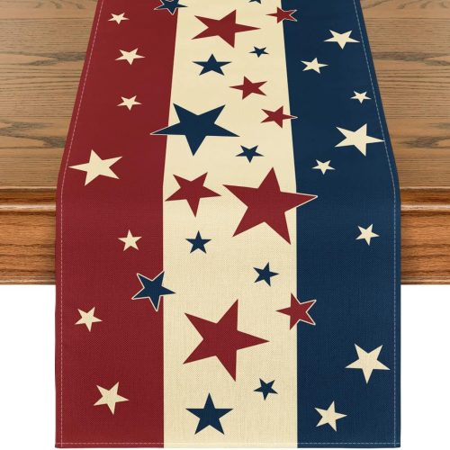 Stars Stripes Patriotic Memorial Day 4th of July Table Runner, Independence Day Kitchen Dining Table Decoration for Home Party Decor 13x72 Inch