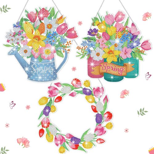 4 3 Pcs Spring Diamond Art Kits for Adults Spring Flowers Diamond Painting Kits 5d DIY Wreath Tulip Spray Bottle Crystal Painting Hanging Sign for Beginners Craft Supplies Door Wall Window Decor
