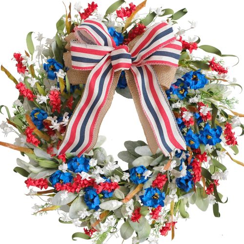 4 20 Inch Patriotic Red White Blue Flowers Wreath for Front Door, Forth of July Lamb Ears Leaves Wreath for Inside and Outside, Memorial Day Independence Day Burlap Bow Home Decor