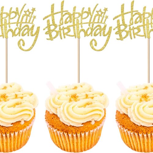 24 Pack Happy Birthday Cupcake Toppers, Golden Glitter Birthday Cake Decorations Cupcake Picks for Anniversary Party Decorations