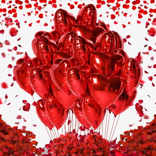 4 Red Heart Shape Foil Mylar Balloons and Heart Shape roseleaf for Romantic Valentine's Day Wedding Bridal Shower Anniversary Engagement Party Decorations