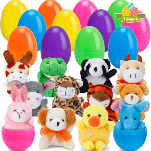 12 Pack Prefilled Easter Eggs with Animals Stuffers Plush Toys for Easter Egg Hunt, Easter Basket Stuffers Fillers, Easter Party Favors, Easter Classroom Prize Supplies