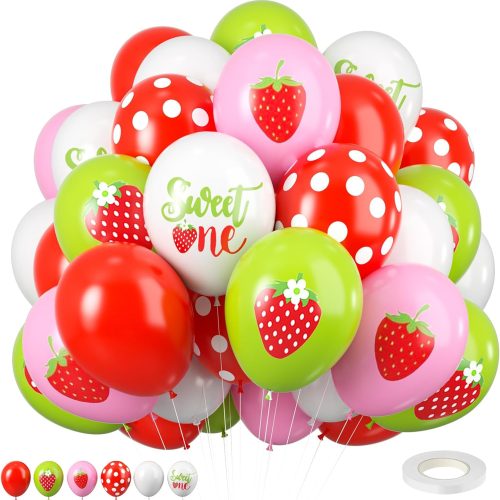 4 Strawberry Balloons, 12 Inch Strawberry Sweet One Party Balloons White Green Red Dots Balloons Strawberry Theme Party for Girls First Birthday Summer Fruit Party Baby Shower Supplies