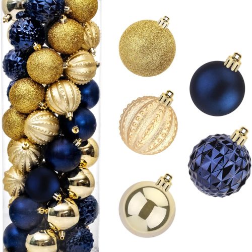 45Pcs 6cm/2.36inch Christmas Balls Glitter Ornaments Set, Shatterproof Plastic Xmas Tree Hanging Ornament, Christmas Decorations Balls for Holiday Festival Wedding House Bar Party(Navy/Gold)