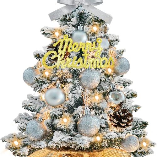 Tabletop Christmas Tree with Lights 22 Inch Mini Artificial White Christmas Tree with 30 LED String Lights, Star Tree, Tabletop Small Xmas Tree for Holiday Indoor DIY Christmas Decor