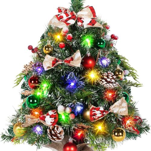 24 Inch Mini Christmas Tree with Lights and Timer, Snow Kissed Tabletop Christmas Tree with 36 Pcs Ornaments, Artificial Small Xmas Tree with Pinecones and Red Berries