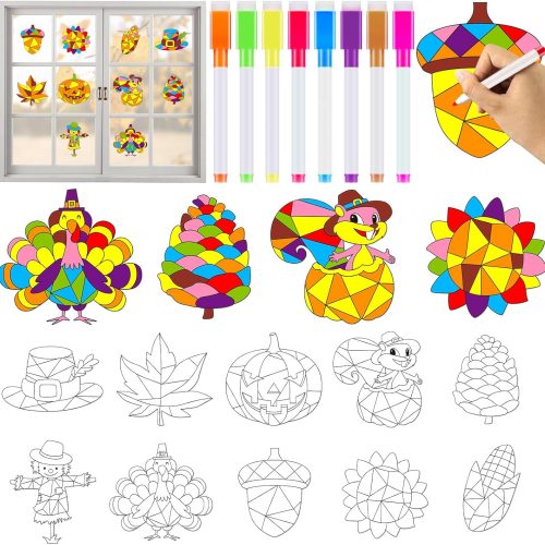 30 Set Thanksgiving Fall Arts Crafts for Autumn Pumpkin Window Suncatcher Craft Kit DIY Turkey Coloring Craft Window Cling Sticker with Markers Harvest Party Gift for Home Decor