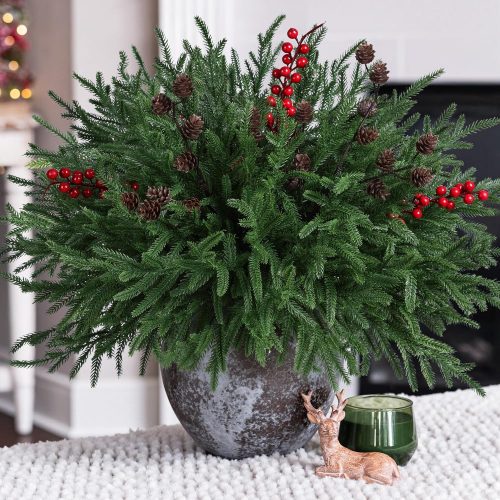 17 PCS Christmas Norfolk Pine Stems with Small Pinecones and Red Berries Branches,19 Inch Real Touch Artificial DIY Greenery Pine Needles, Faux Cedar Pines Picks for Wreath Garland Xmas Décor